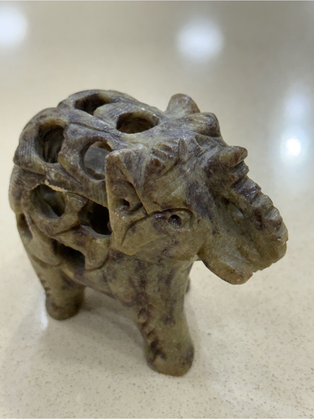 Carved Stone Elephant Figurine in Olive Green